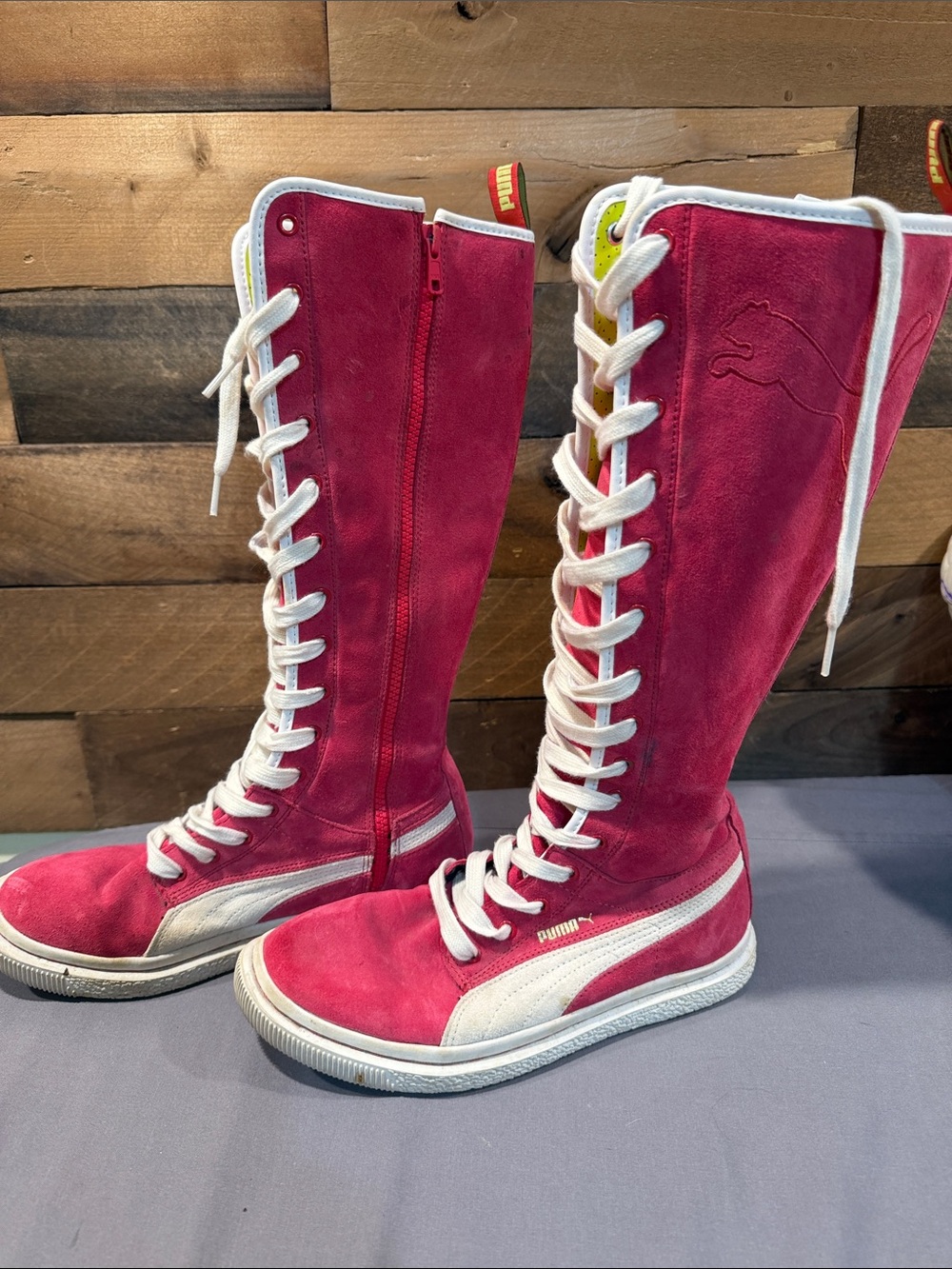 Puma Tall Lace-Up Suede Boots in Bright Pink with White Accents